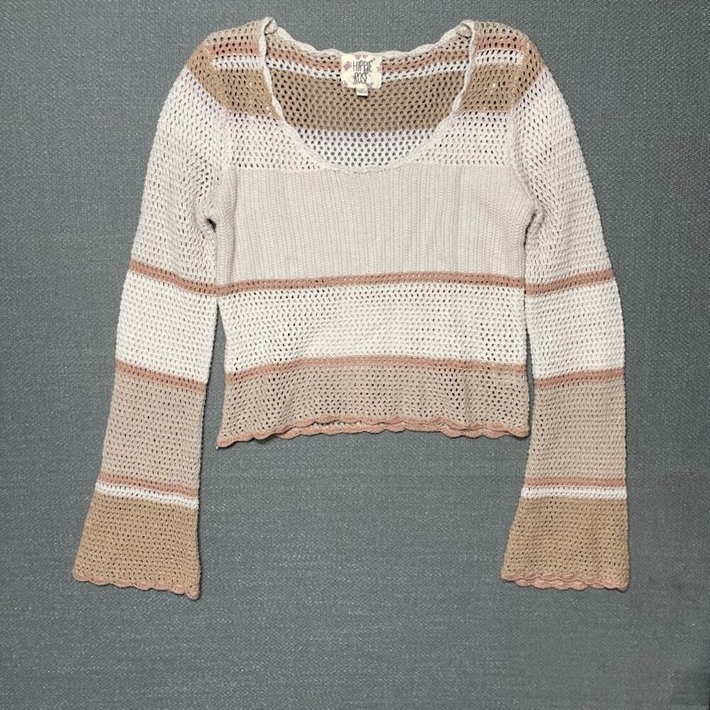 Hippie Rose Cropped Crochet Scallop Bell Sleeve Sweater M Boho Y2K Cottagecore